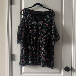 Lane Bryant Black Floral Cold Shoulder Blouse